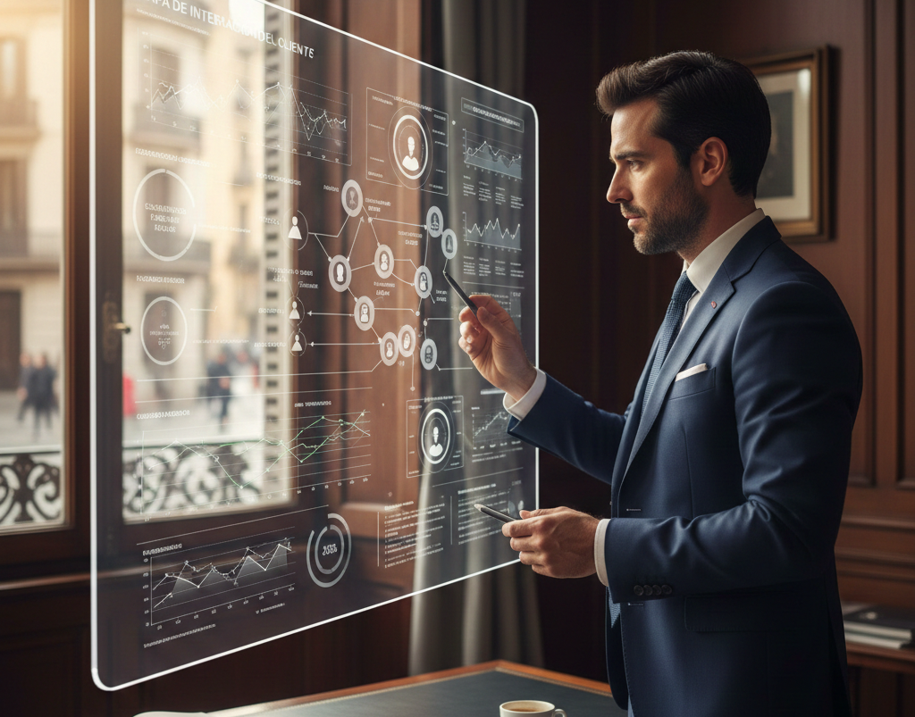 Profesional de banca privada analizando mapas de customer journey en una pantalla moderna con gráficos de datos y flujos de usuario en una oficina elegante