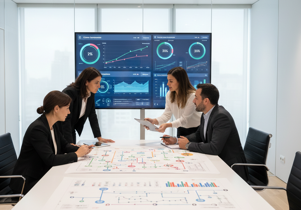 Equipo de estrategia de producto trabajando en una pizarra digital con un roadmap de producto B2B, post-its virtuales y wireframes de funcionalidades priorizadas